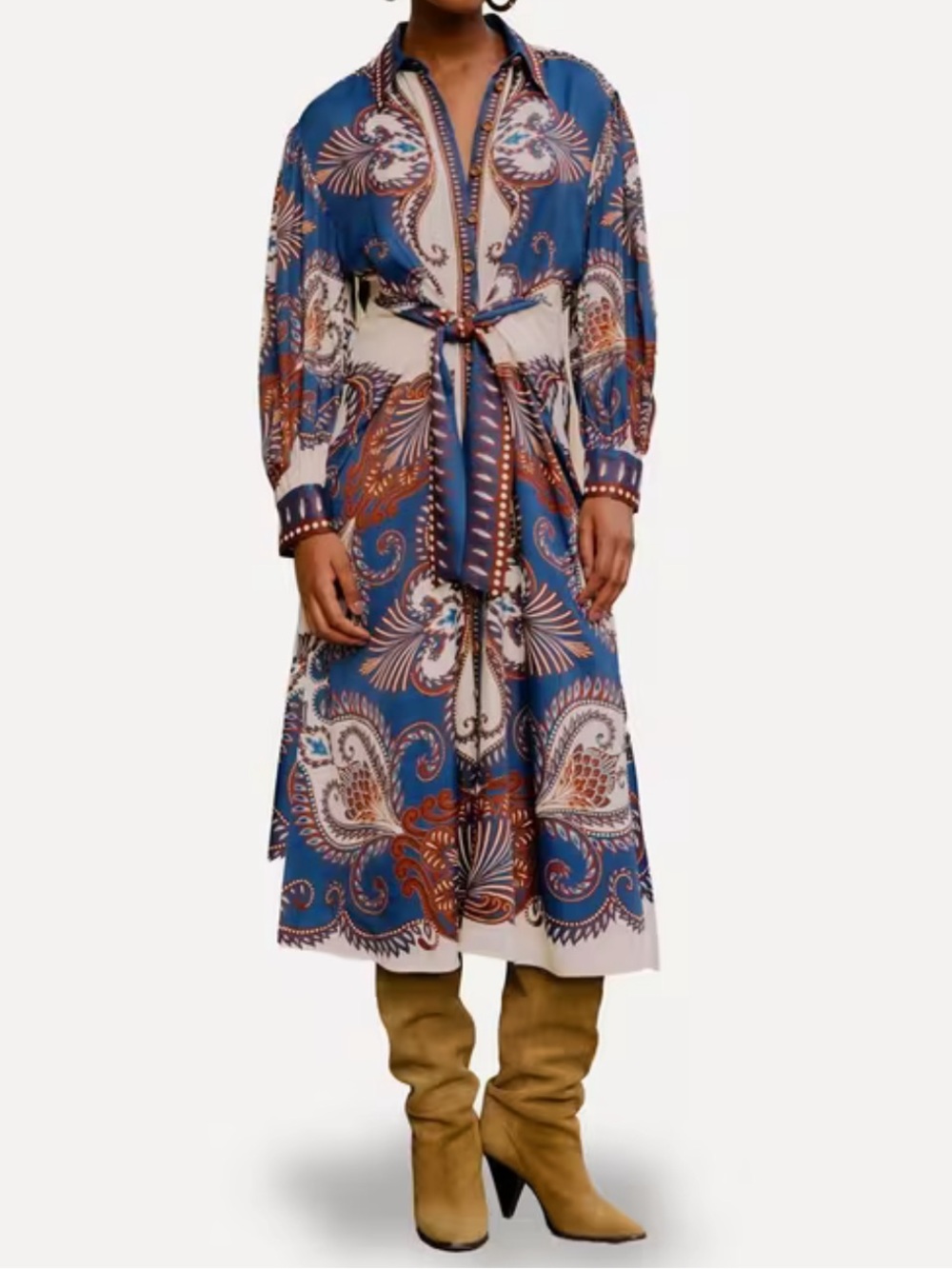 FARM RIO Blue Arabesque Scarf Midi Shirt Dress